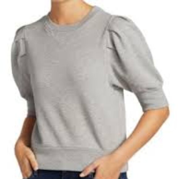 Ontwelfth gray puff sleeve with buttons short sleeve crew neck sweatshirt - Picture 1 of 4